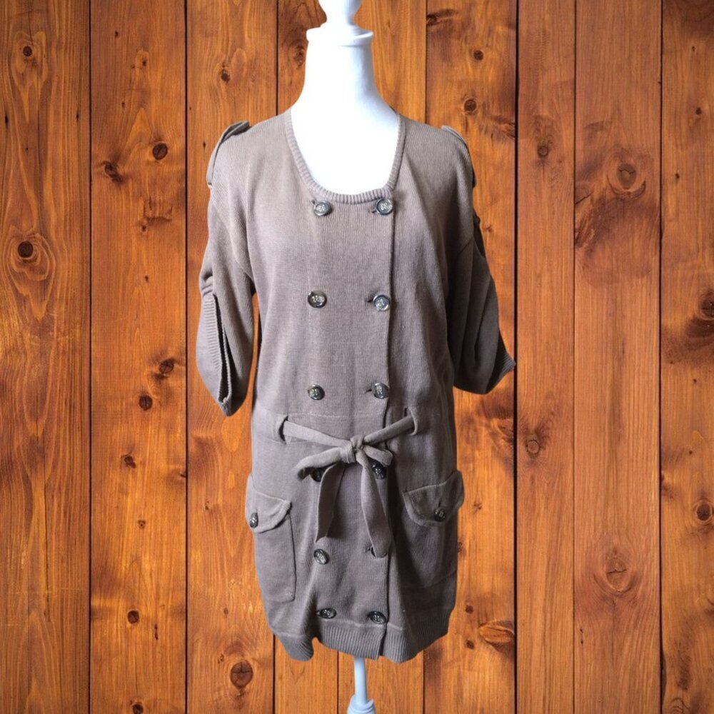 BCBG MaxAzria Size Small Sweater Dress Belted Brown Button Linen Blend Pocket